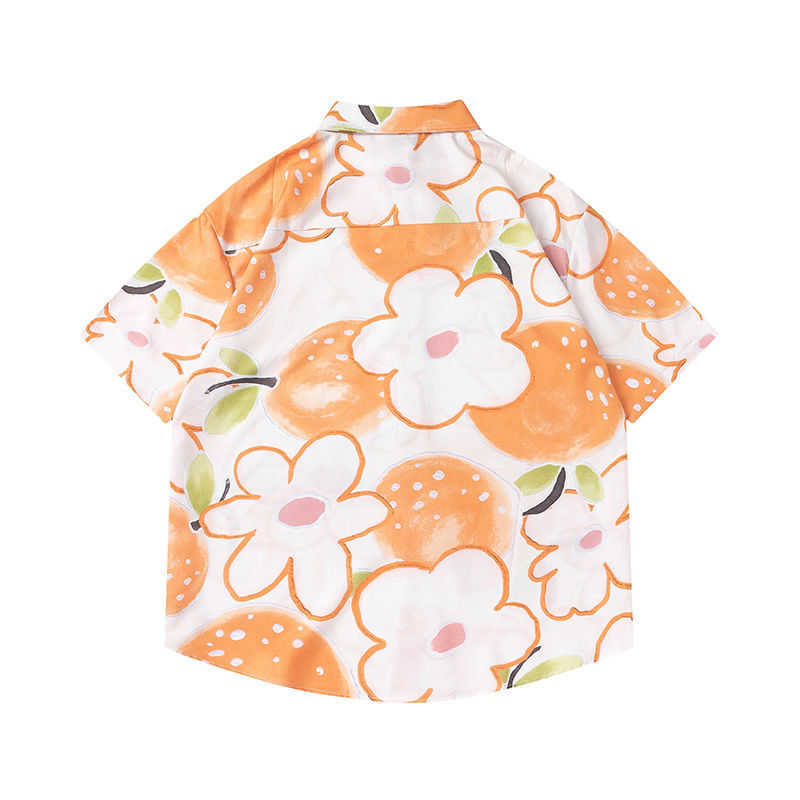 Słońce Odzież Orange Flower Full Print Full Print Short Rleeve Beach Floral Shirt Women Hawaiian American Retro Suncreen 2022 Letnia para koszuli Kurtka P230418