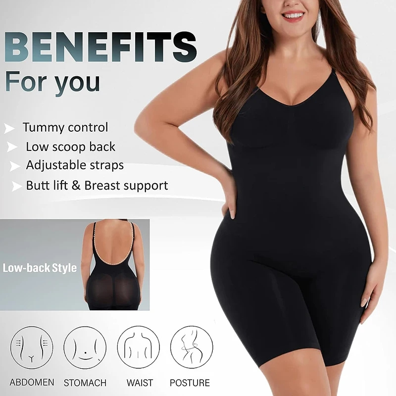 Nahtloser Bodysuit mit niedrigem Rücken für Frauen, Bauchkontrolle, Po-Heber, Body Shaper, rückenfrei, Shapewear, schmales Korsett für die Mitte des Oberschenkels, Übergröße