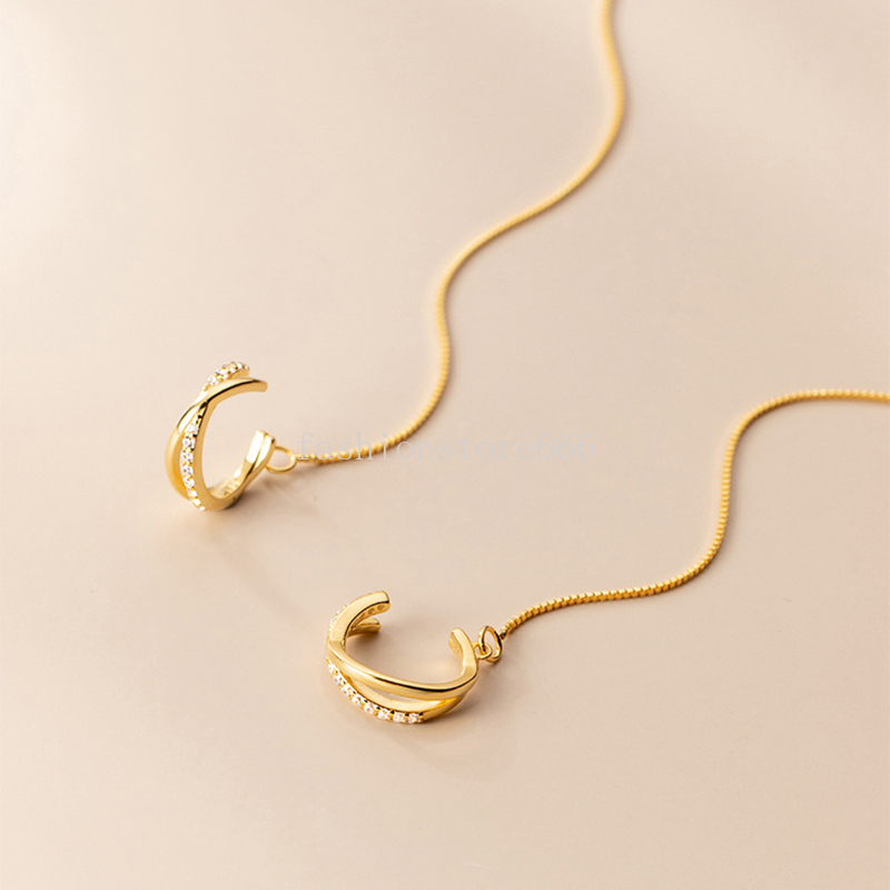 Women Earrings Ear Clips Gold Silver Color Chain Tassel Earrings Irregular Geometry Insert Diamond Ear Clip Fashion Jewelry Gift