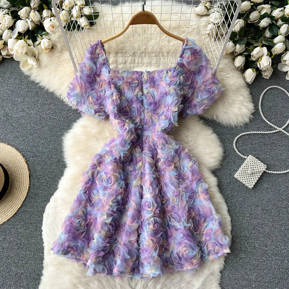 Casual Dresses Summer Mesh Flower Square Neck Dress Summer Women French Style Zipper Elegant rygglösa damer Purple A Line Midi Dresses 2024