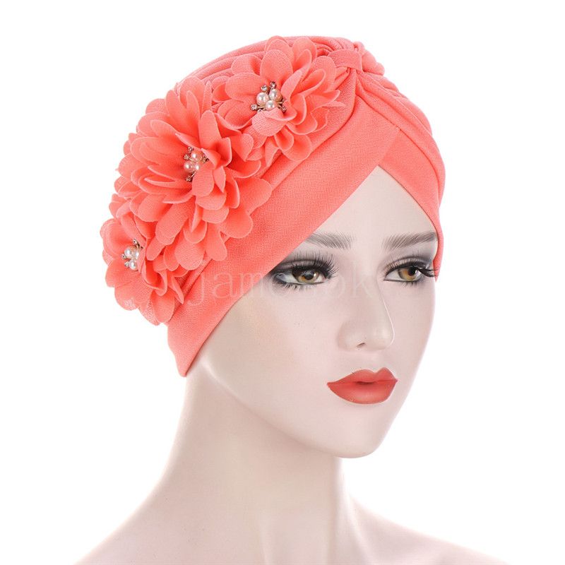 Donna Fiori Volant Turbante Berretti Musulmani Perle elastiche Foulard Cofano Accessori capelli da donna Berretto indiano DE613