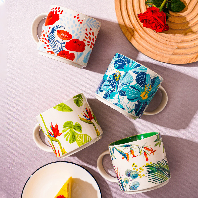 15 uncji ceramiczna kubek herbaty kubek do biura i ręka domowa pomalowana z uchwytami kubek kwiatowy kwiatowy kubek na prezenty znajomych
