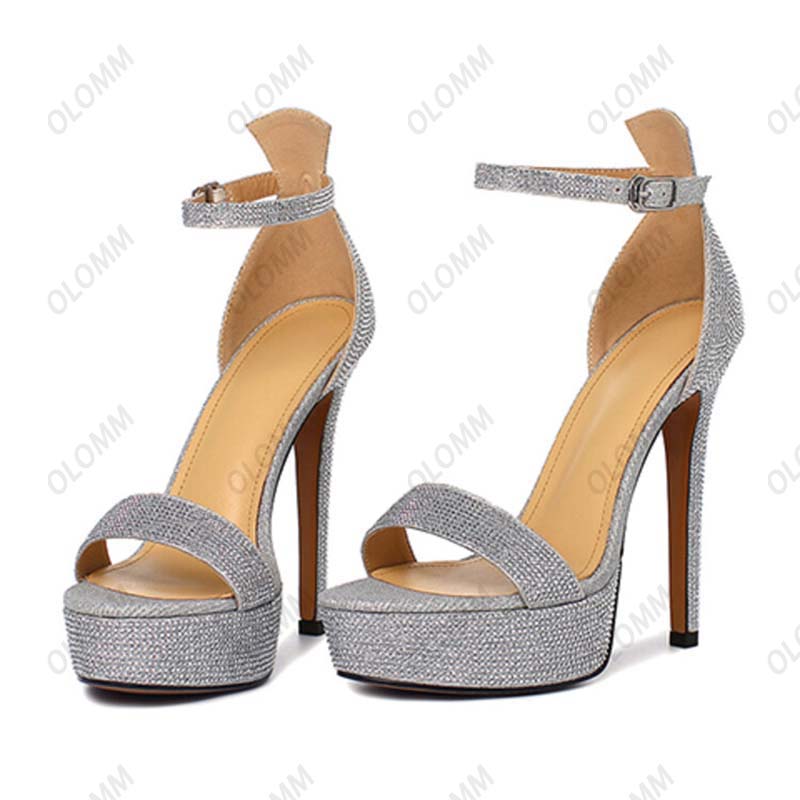 Olomm femmes plate-forme sandales Sexy strass mince talons hauts sandales bout ouvert noir argent chaussures de fête femmes US grande taille 3-9