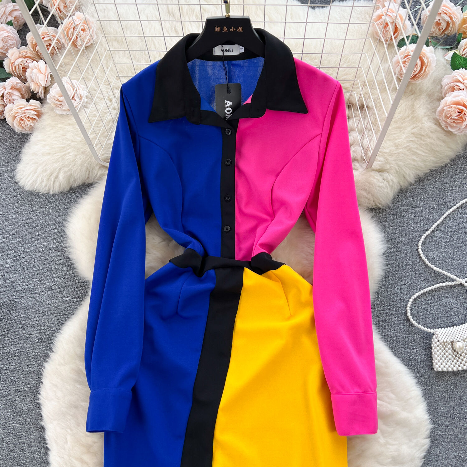 Basic Casual Dresses New Women Autumn Fashion Color Match Long Sleeve Dress Elegant Lapel Collar Buttons Slim Office Lady Work Irregular Dress 2024