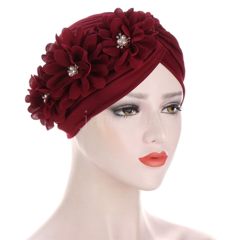 Donna Fiori Volant Turbante Berretti Musulmani Perle elastiche Foulard Cofano Accessori capelli da donna Berretto indiano DE613