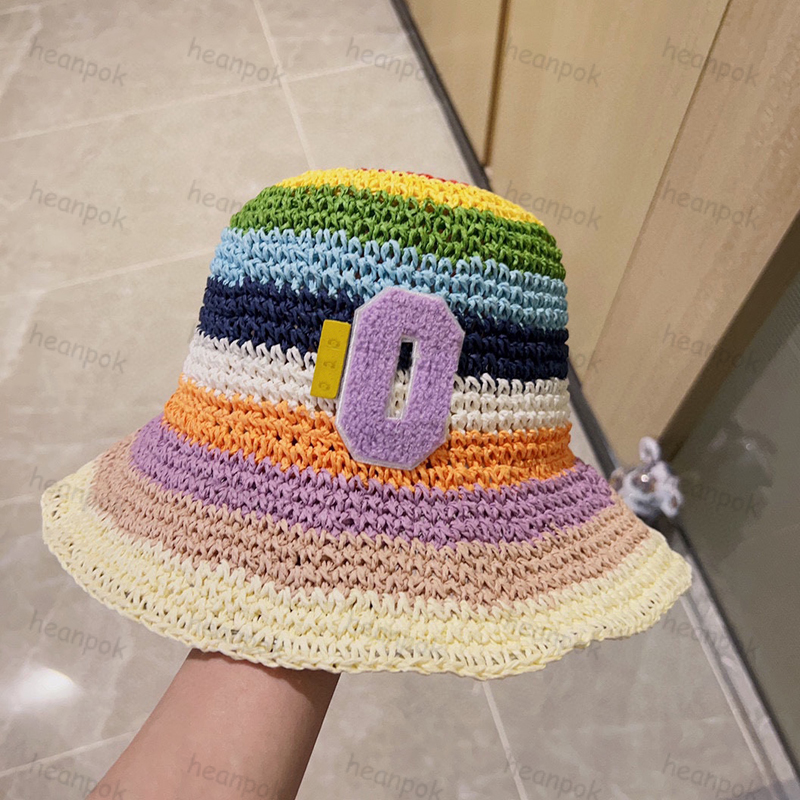 Kobiety szerokie grzbiet słomiane czapki luksus designer kubełko hat tęczowy patchwork kolor Kolor trawy pleciony czapki wakacje plażowe czapki kasquette czapki sunhat