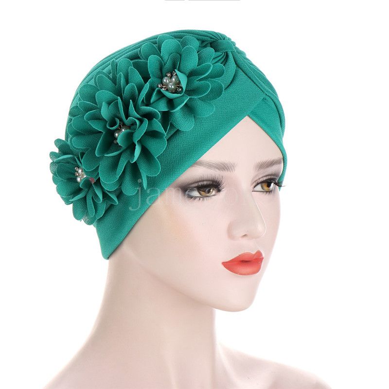 Donna Fiori Volant Turbante Berretti Musulmani Perle elastiche Foulard Cofano Accessori capelli da donna Berretto indiano DE613