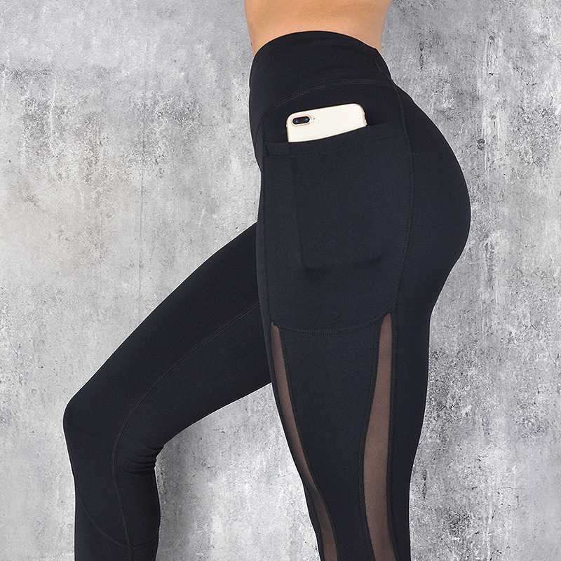 Dames broek mesh patchwork yogabroek panty panty stevige kleur fitness sport leggings met pocket broek atletische slijtage