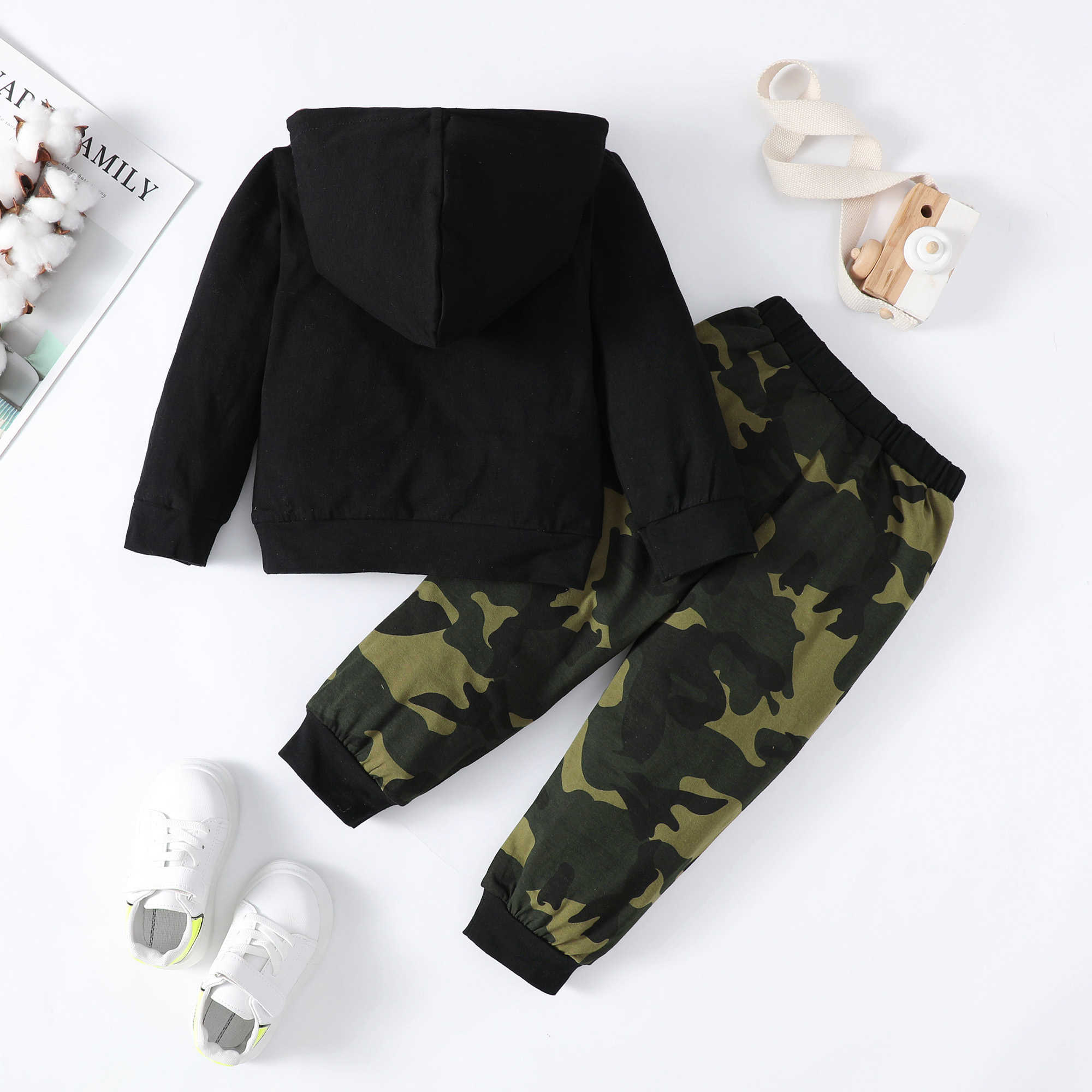 Ensembles de vêtements 1-6 ans enfant garçon ensemble de vêtements noir à manches longues à capuche + pantalon de camouflage enfants bébé mode printemps vêtements costume