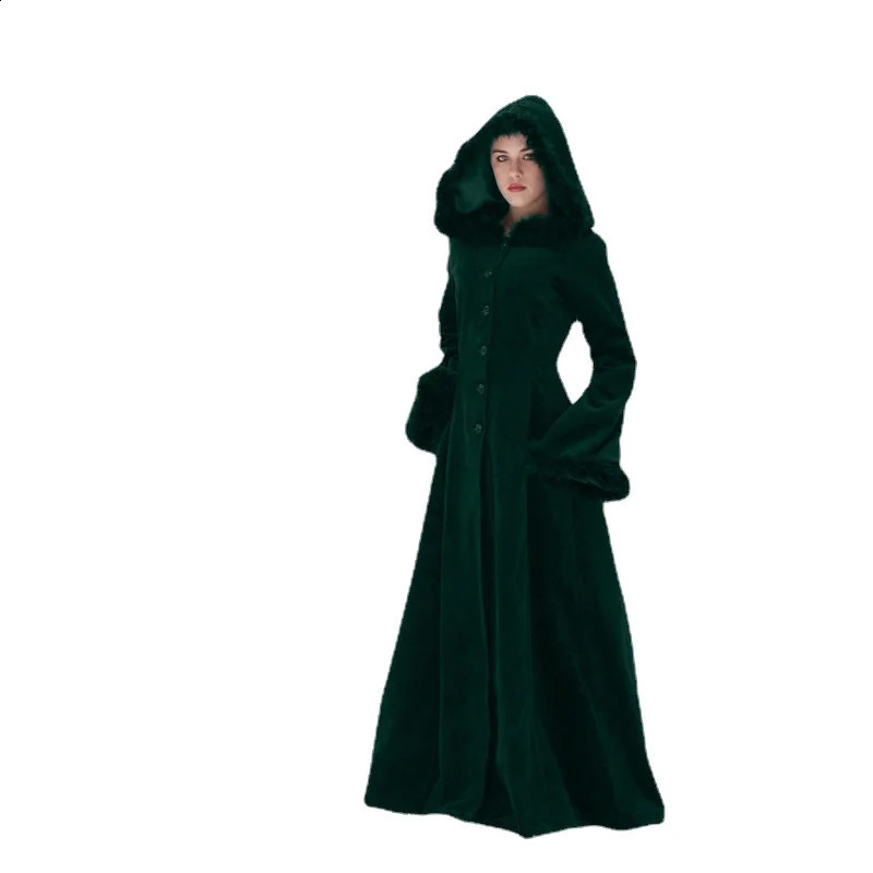 Damen-Trenchcoat aus Wollmischung im Vintage-Stil mit Pelzkragen und Kapuze, einreihig, einfarbige Taille, Slimfit-Trenchcoat mit ausgestellten Ärmeln, lang, 231118