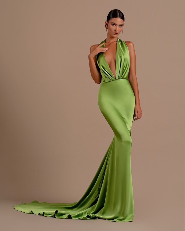 Simple Green Mermaid Evening Dresses For Women Deep V Neck Backless Satin Evening Pageant Gowns Special Occassion Birthday Celebrity Party Dress Formal Wear