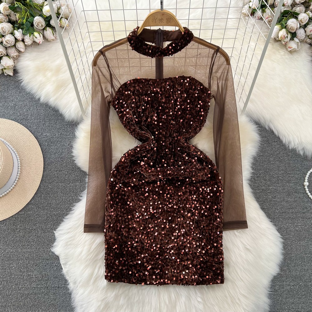 Casual Dresses Elegant Shiny Sequined Party Dress Sexy See Through Mesh Patchwork Long Sleeve Slim Bodycon Mini Night Out Club Dresses 2024