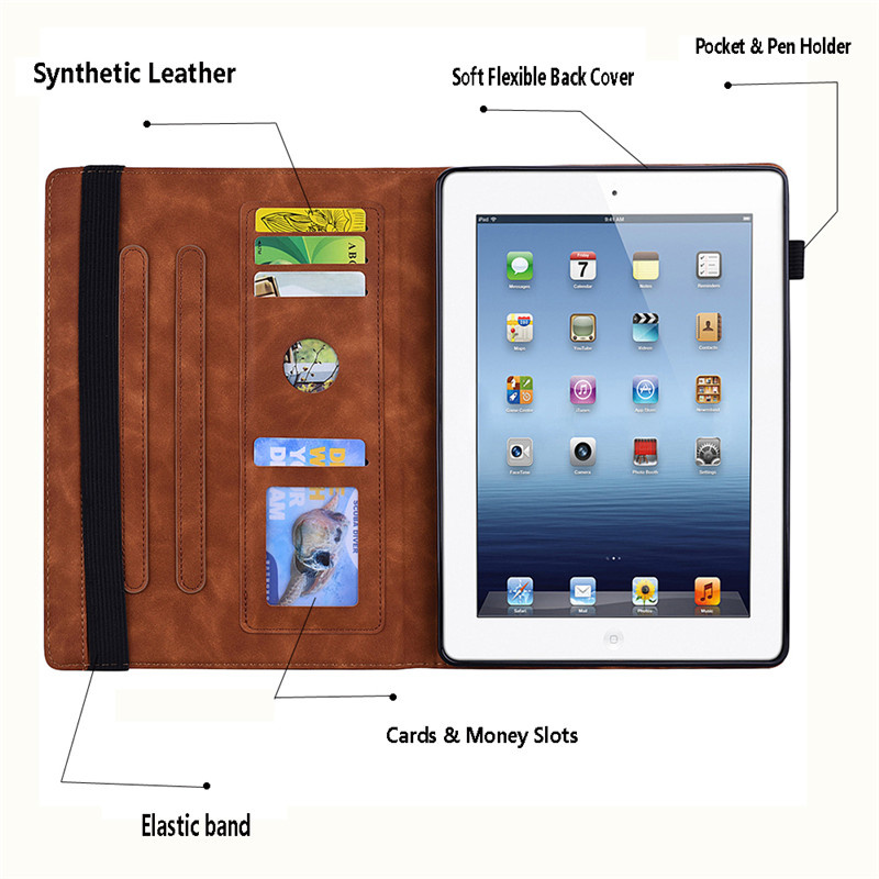 Embosed pu lederen portemonnee tablet funda voor iPad 10.2 2022 Mini 6 2021 2020 iPad 9 8 7 8e 9e gen met penhouder kaartsleufkaartje Kijkafkoppeling Tablet PC -cases