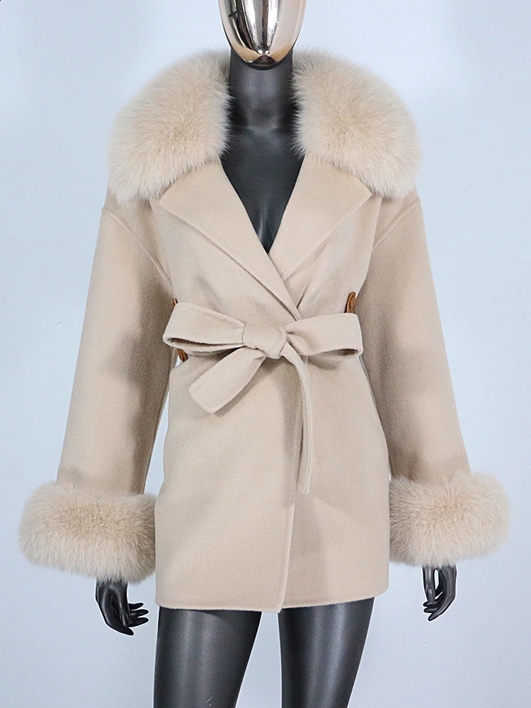 Mezclas de lana para mujer Abrigo de piel real Chaqueta de invierno Mujeres Cuello natural Puños Cinturón Cachemira Lana Ropa de abrigo para mujer Ropa de calle 231118