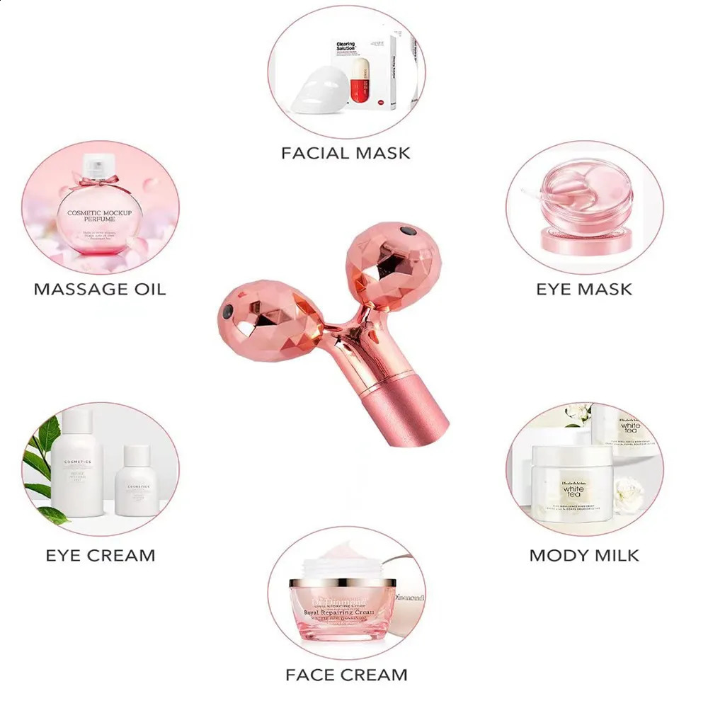 Dispositivos de cuidados com o rosto 5 em 1 24k Gold Beauty Barsger Massager Electric Vibrating Rose Quartz 3D Roller Levantamento corpo gua sha jade 231118