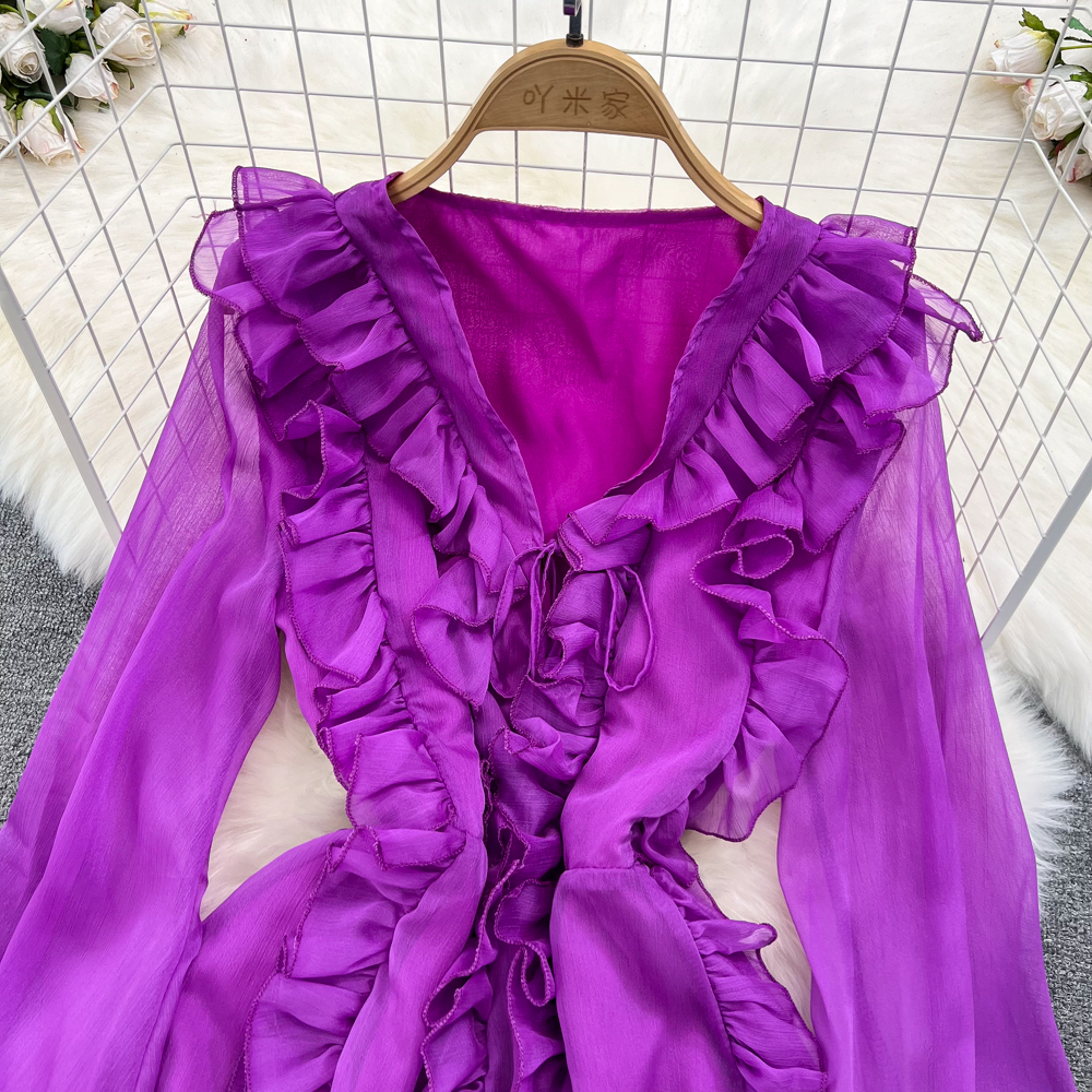 Casual Dresses Spring Autumn Women Purple/Yellow/White Chiffon Dress Vintage V-Neck Flare Long Sleeve Vacation Beach Vestidos Femme New Fashion 2024