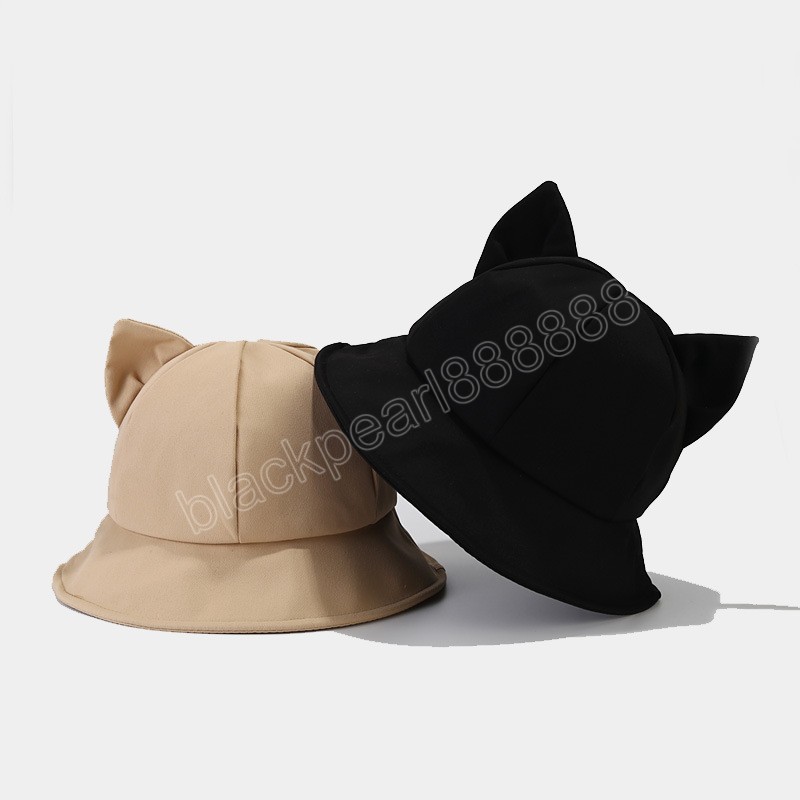 만화 고양이 귀에 버킷 모자 모자 소녀를위한 만화 고양이 집단 돔 태양 모자 여자 한국 봄 여름 파나마 솔리드 여성 야외 일요일 모자