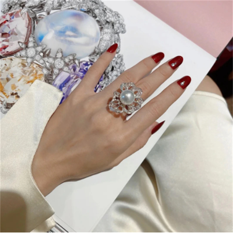 Anello da dito in zircone con perle di fiori Anelli fedi nuziali feste di colore argento le donne Regalo di gioielli fidanzamento di compleanno da sposa