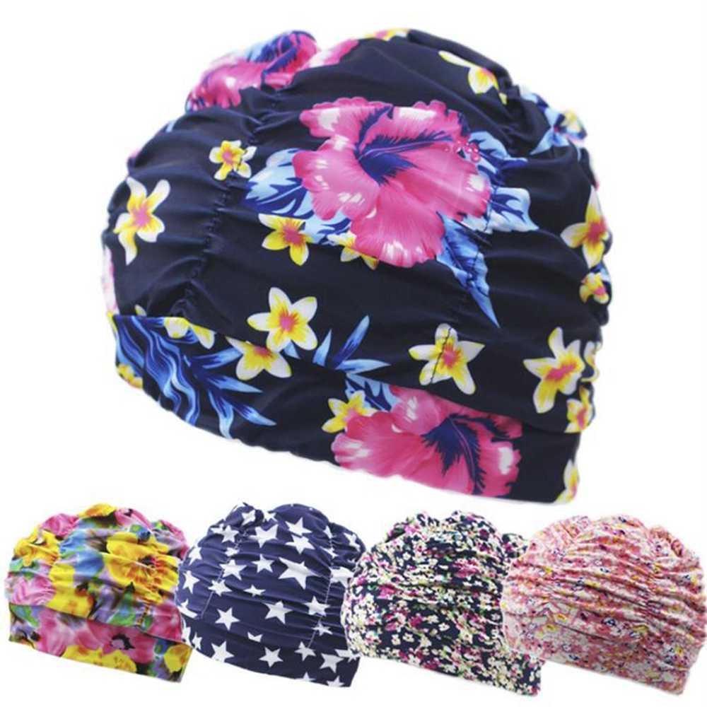 Swimming caps haute élastique bonnet de natation hommes femmes taille libre solide fleurs imprimé cheveux longs sport natation piscine chapeau Nylon Turban P230418