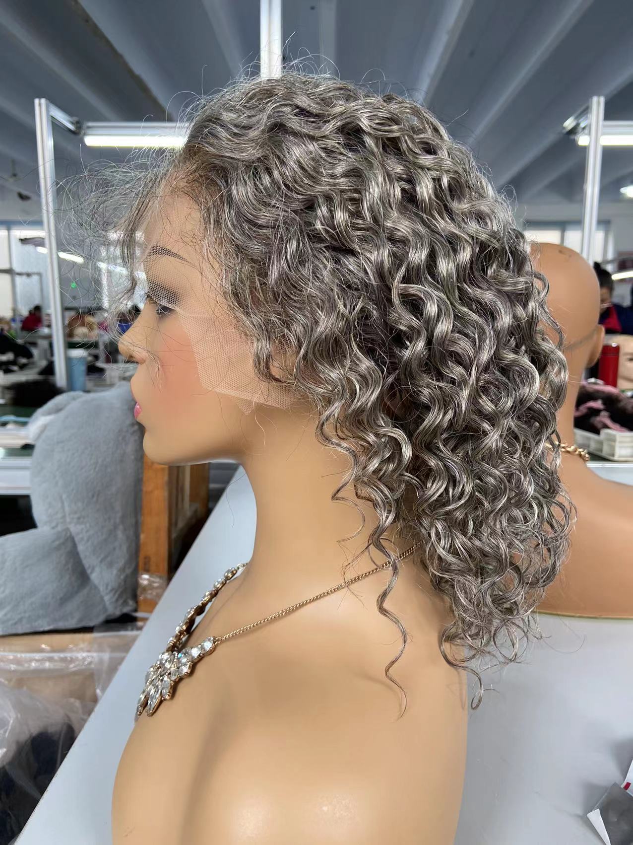 Grå spetsfront Wiigs Human Hair for Black Women Deep Curly Bob Glueless 4x4 HD LACE STÄNGNING Frontal Saltpepper Silver Grey Wig Cirka 14dag