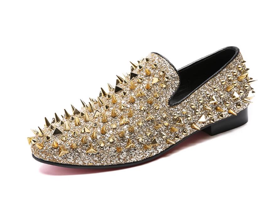 British Style Fashion Mens T Stage Shoes Rivetti Fashion Slip on Cow Leather Spiked Wedding Dress Shoe Big Size 38-46