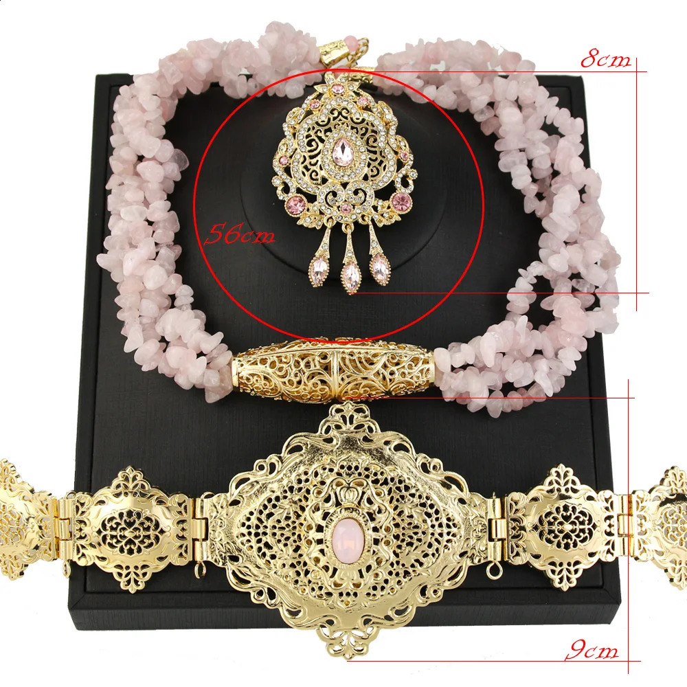 Bröllop smycken set sunspicems chic rosa sten marocko smycken set metall bälte flerskikt choker hals caftan brosch arabiska brud bröllop smycken 231118