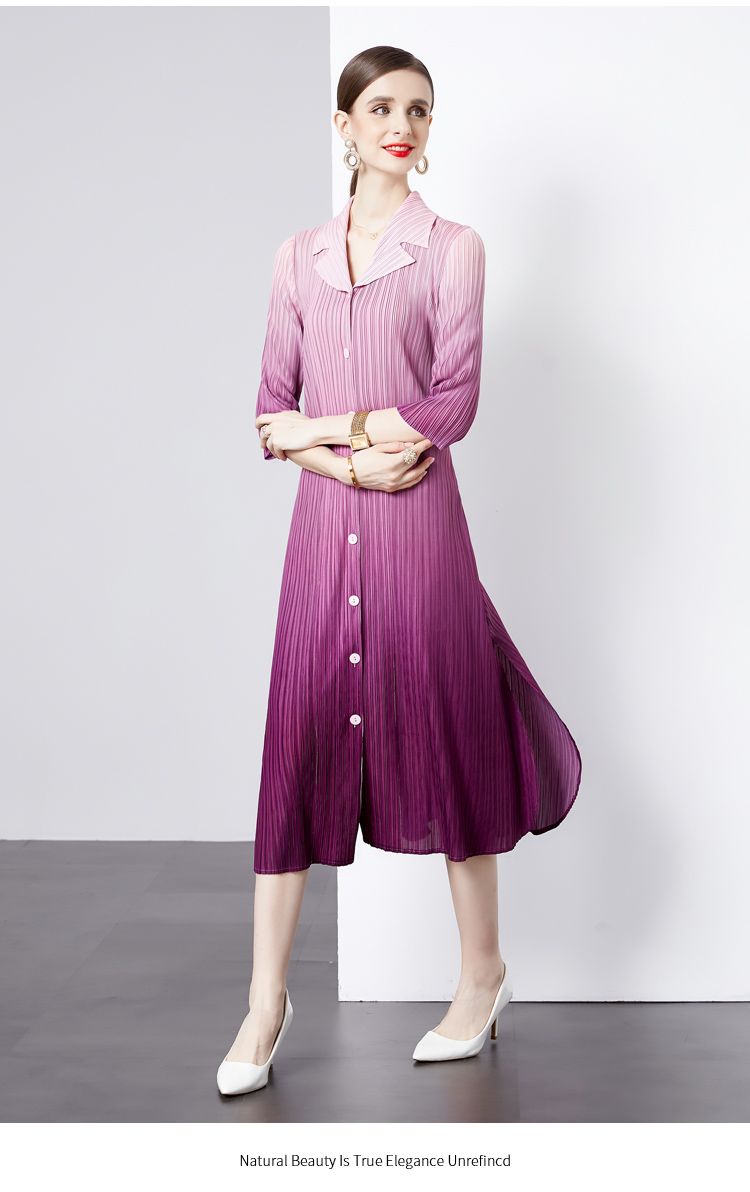 Basic Casual Dresses Pleated Spring Autumn Shirt Dresses New Fashion Women Notched Collar Single Breasted Purple Gradient Split Midi Clothes 2024