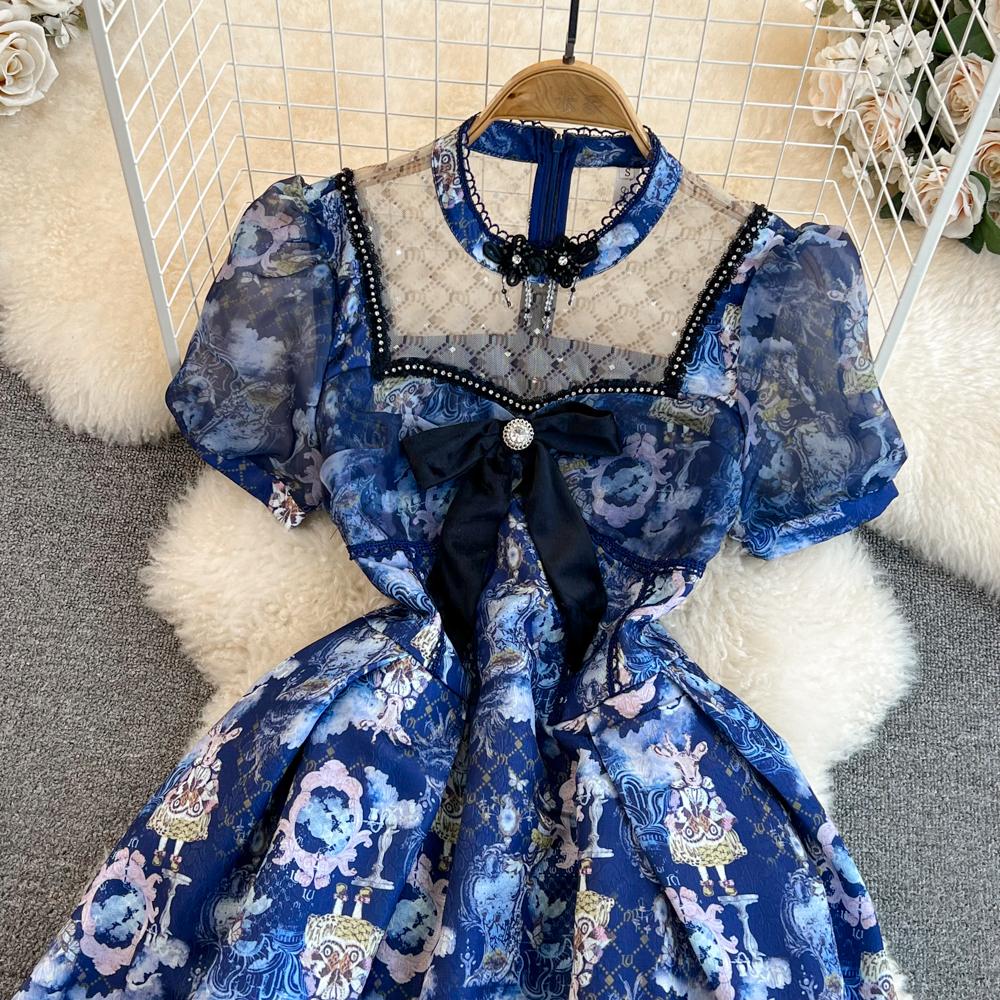 Casual Dresses Runway Designer Seqiuns Mesh Stickerei Patchwork Perlen Kleid Frauen Puff Sleeve Bow Deco Blumendruck Minikleid 2024