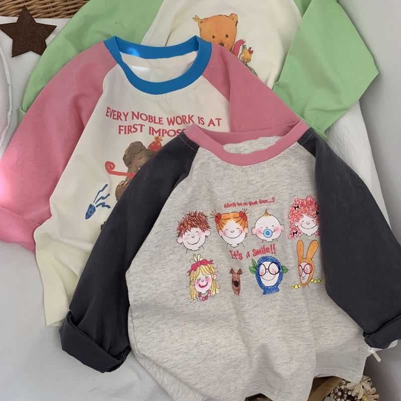 T-Shirts 100 % Baumwolle Mädchen und Jungen Kinderunterwäsche Frühling und Herbst Neues Kinder-Langarm-T-Shirt Baby-Karikatur-Top mit Rundhalsausschnitt P230419