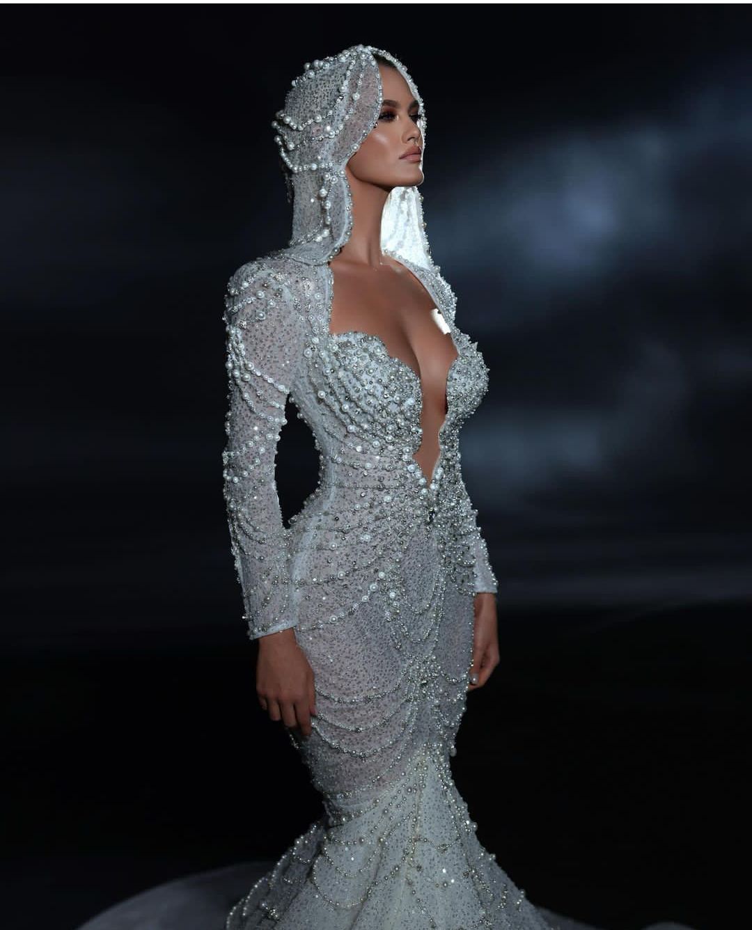 Exquisite Mermaid Wedding Dresses Long Sleeves V Neck Appliques Sequins Ruffles 3D Lace Trumpet Train Floor Length Pearls Hat Bridal Gowns Custom Made abiti da sposa