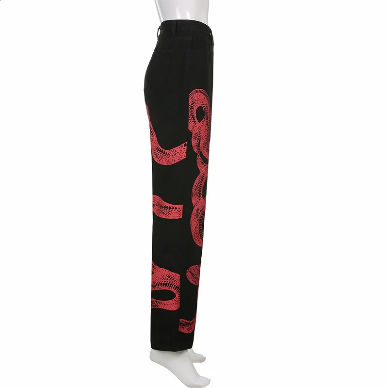 Jeans pour femmes Harajuku américain imprimé serpent asymétrique maman jean femmes glisser Cool filles personnalité conception pantalon droit ample pantalon de vadrouille 231118
