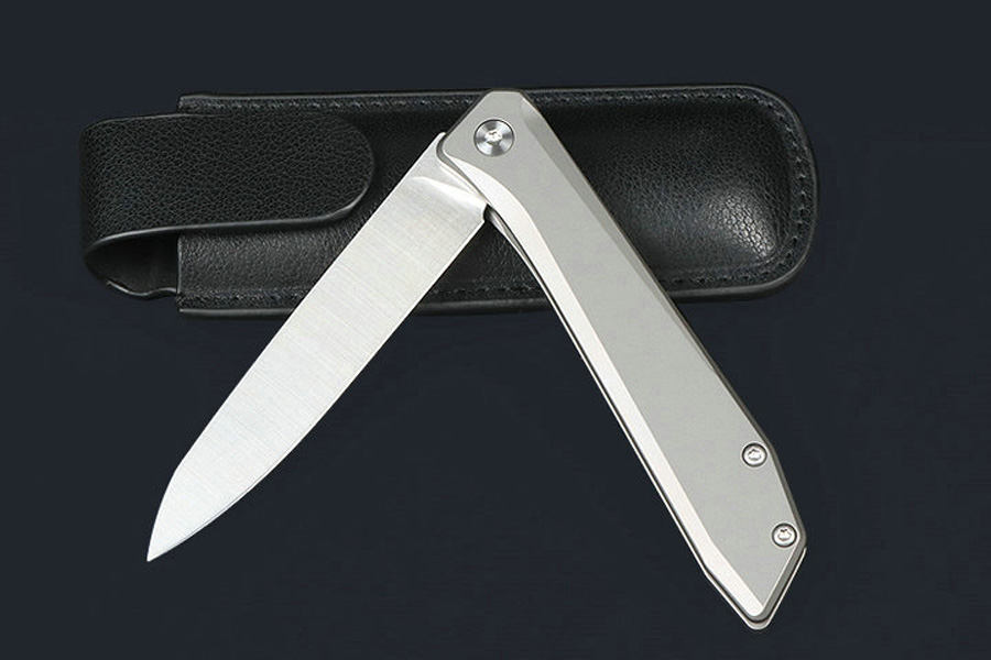 Small Folding Knife D2 Blade TC4 Titanium Alloy Handle Ball Bearing outdoor EDC Pocket Knives & Leather Sheath