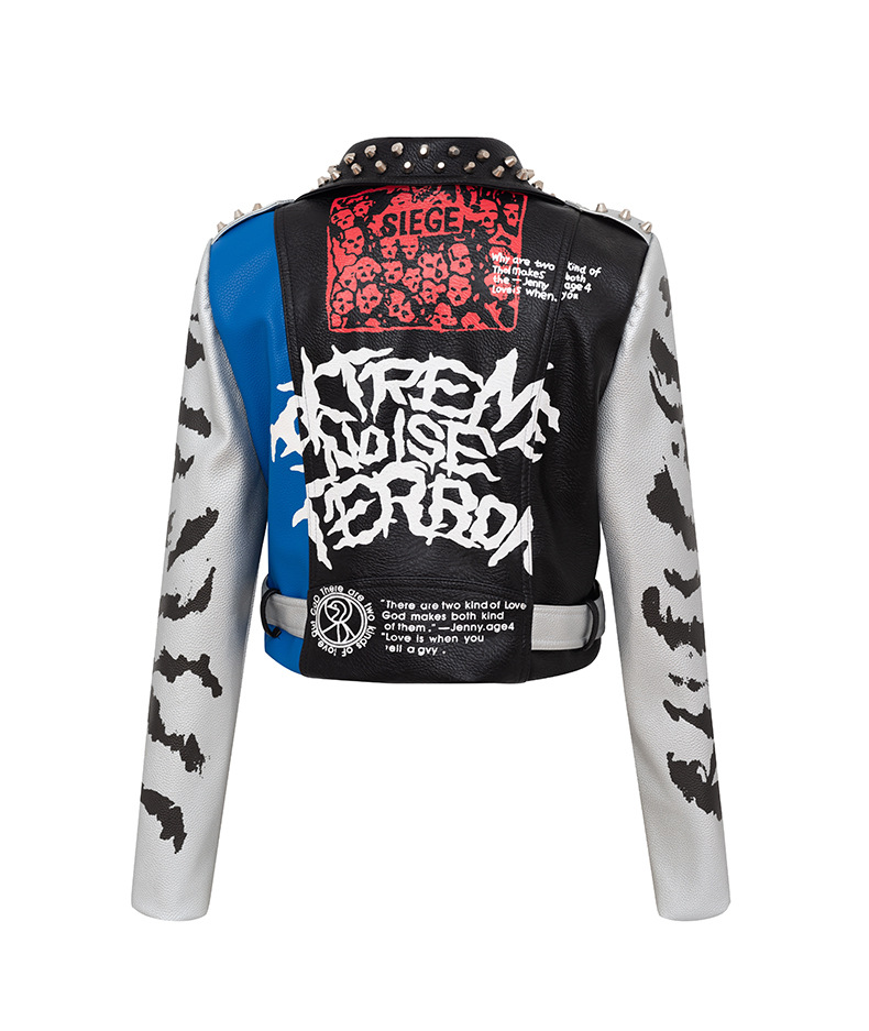 Chaquetas de cuero de Pu para mujer Graffiti estampado de letras florales Punk motocicleta motociclista cremallera remache cadena cintura abrigos de mujer ropa de abrigo de Color de contraste MT-28321