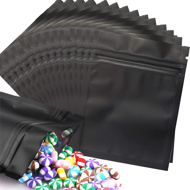 Sacs noirs refermables anti-odeur, sacs en Mylar, pochette en aluminium noir mat, sac plat Double face à fermeture éclair, vente en gros LX5555