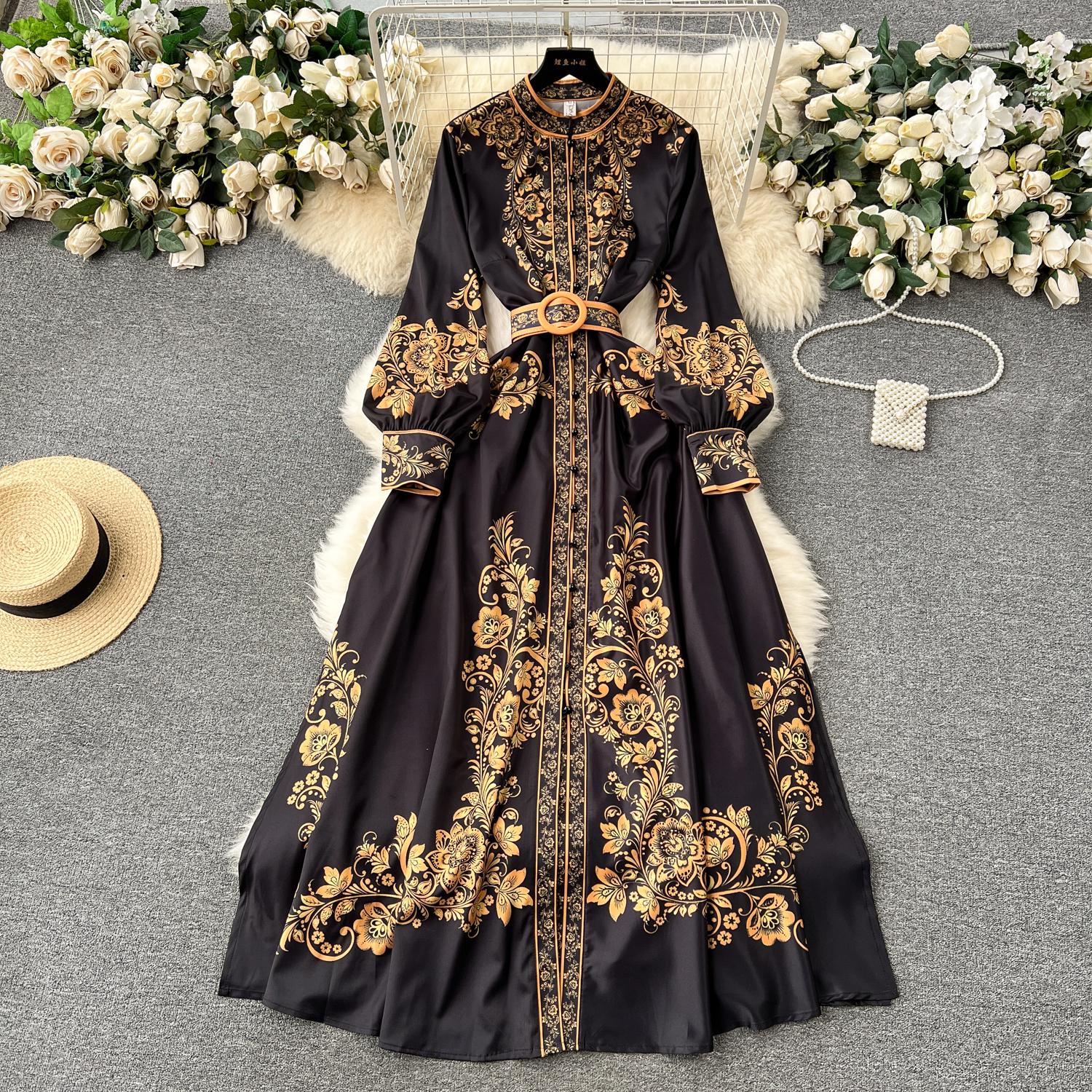 Casual Dresses New Fashion Runway Red and White Porcelain Dress Women's Stand Long Lantern Sleeve Blue Floral Print Shirt Robe Vestidos 2024