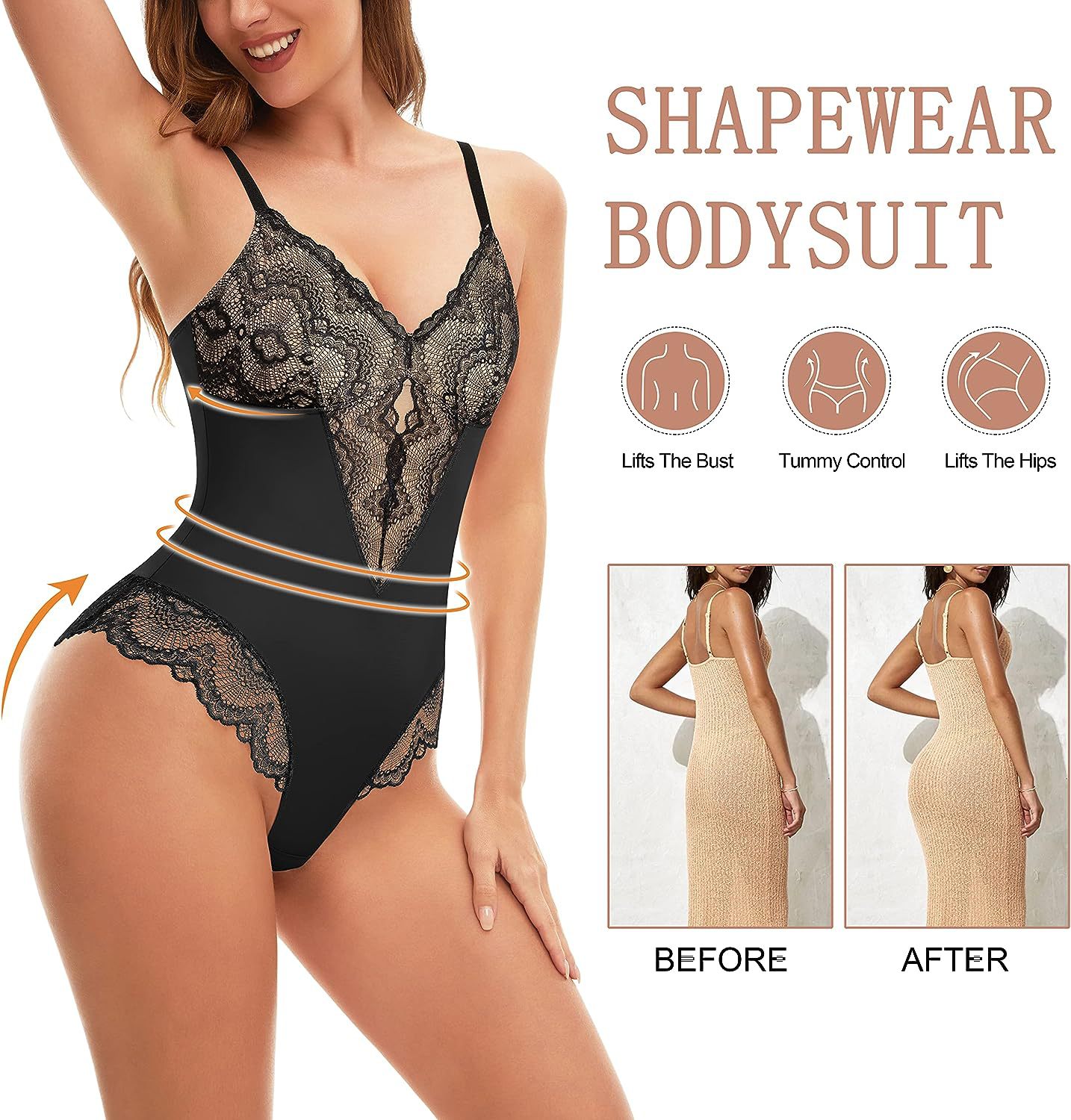 Pop Lace Bodysuit for Women Tummy Control Shapewear V Neck Backless Tank Tops One Piece Body Shaper Fajas Thongs Sexy Body Shape