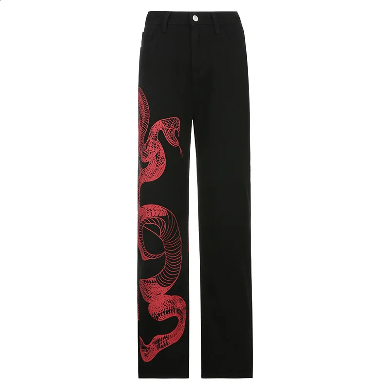Jeans pour femmes Harajuku américain imprimé serpent asymétrique maman jean femmes glisser Cool filles personnalité conception pantalon droit ample pantalon de vadrouille 231118