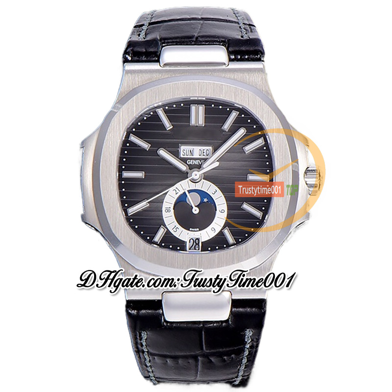 GRF V5 Calendario anual complicado 5726 A324 Reloj automático para hombre Fase lunar Esfera azul Marcadores de barra Caja de acero Correa de cuero SS Super Edition trustytime001Relojes