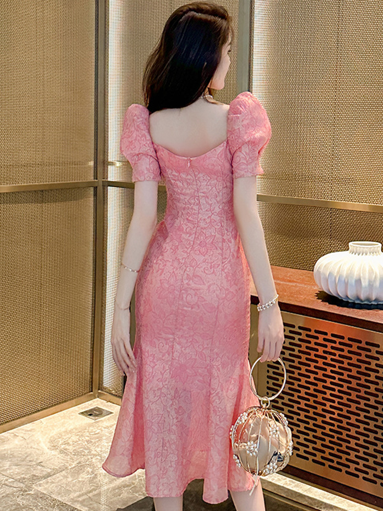 Casual Kleider Französisch Elegante Midi für Frauen Süße Qualität Rosa Jacquard Garn Gedruckt Wrap Hüfte Fischschwanz Lange Robe Feminine Party host Vestidos 2024