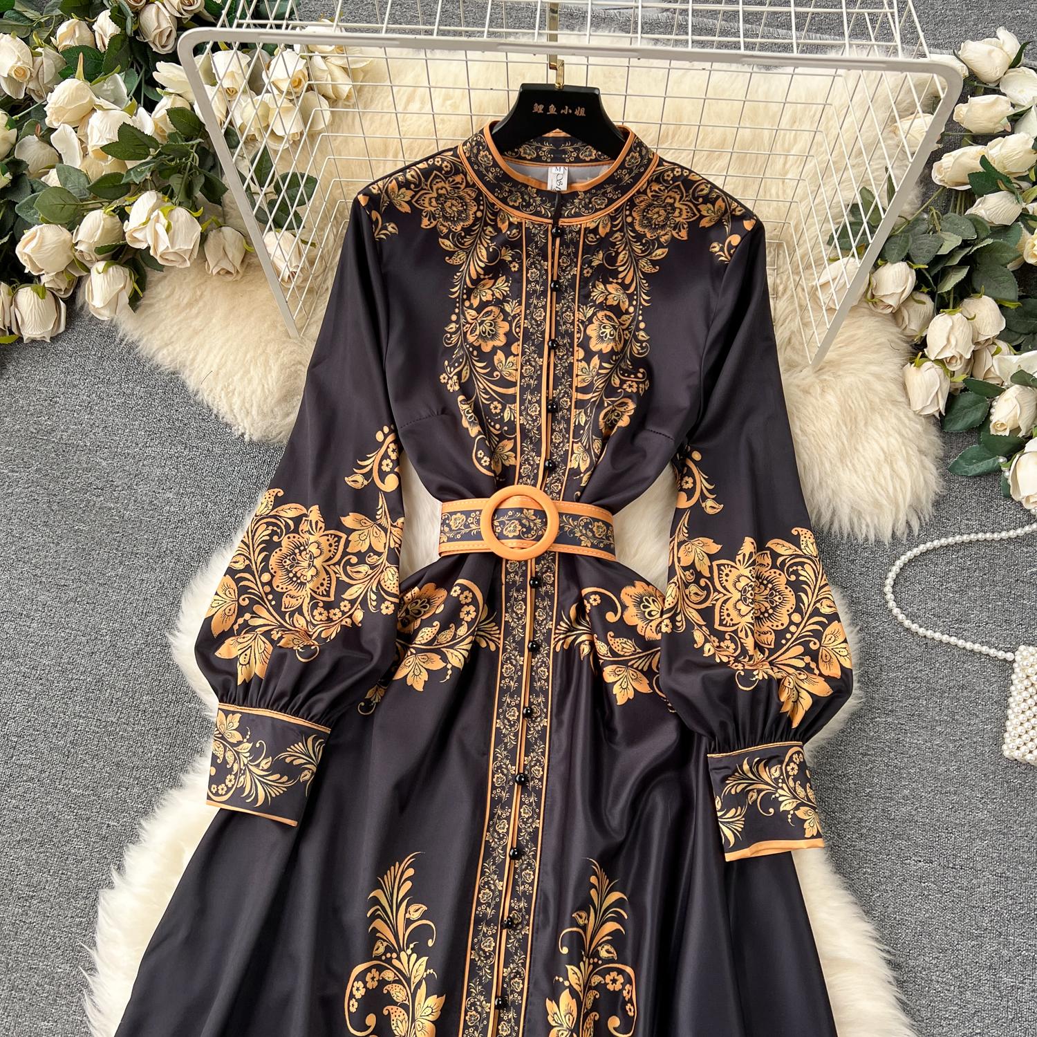 Casual Dresses New Fashion Runway Red and White Porcelain Dress Women's Stand Long Lantern Sleeve Blue Floral Print Shirt Robe Vestidos 2024