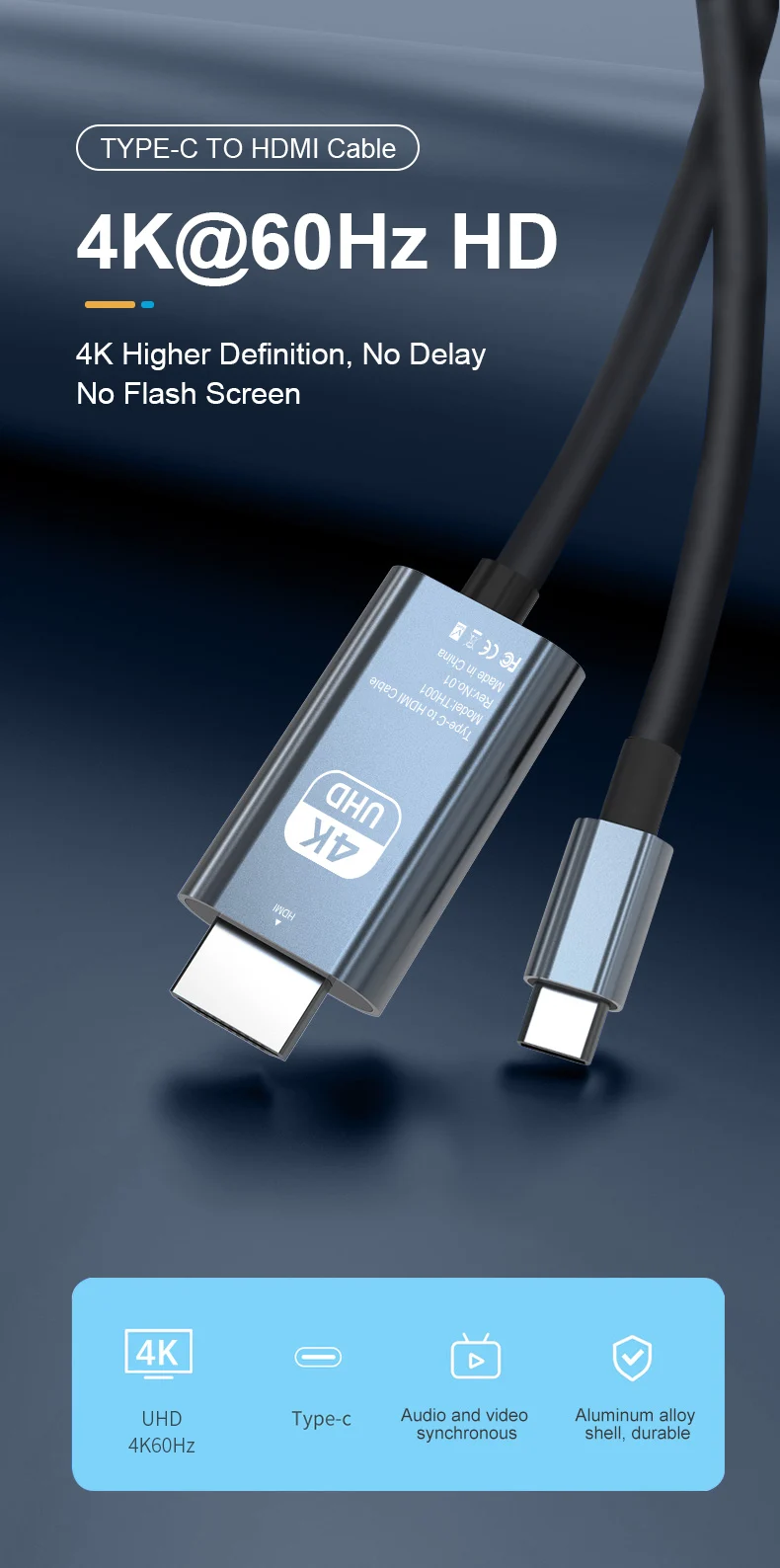 Câble USB C vers HDMI de 2 m 4K60Hz 6,6 pieds Ultra haute définition 1080p USB 3.1 Type C HDMI câble de diffusion d'écran de convertisseur pour le bureau à domicile