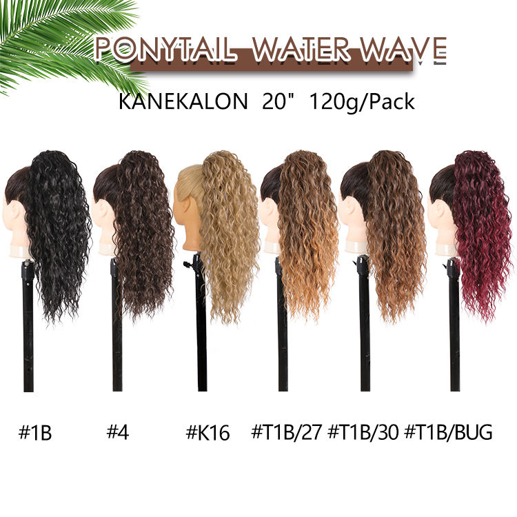 20 inch Water Wave Paardenstaart Haarverlenging Synthetische Yaki Rechte Clip In Trekkoord Paardenstaart Haarstukje voor Vrouwen Zwart Nep Haar