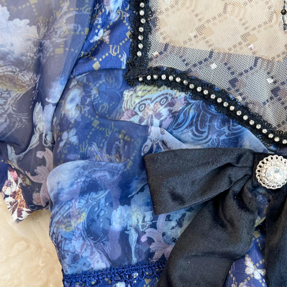 Robes décontractées Runway Designer Seqiuns Mesh Broderie Patchwork Robe de perles Femmes Puff Sleeve Bow Déco Floral Print Mini Robe 2024