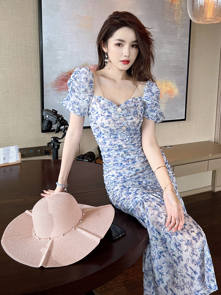 Basic Casual Dresses Summer Women Maxi Dress Sweet Elegant Girly Blue Mesh Embroidery Floral Puff Sleeve Bodycon Pleated Wrap Hip Fishtail Robe Femme 2024