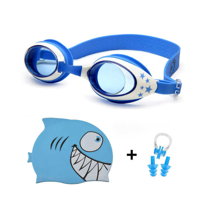 Swimming goggles earplugs protective set anti fog glasses boys and girls professional silicone shark pool swimming cap P230601