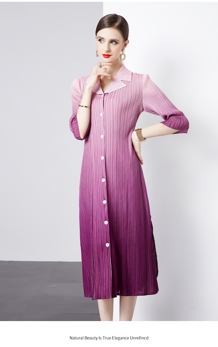 Basic Casual Dresses Pleated Spring Autumn Shirt Dresses New Fashion Women Notched Collar Single Breasted Purple Gradient Split Midi Clothes 2024