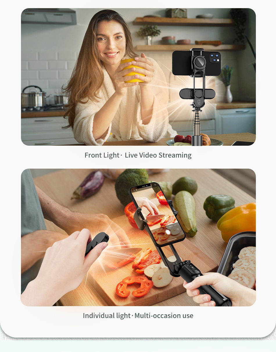 L09 Gimbal Stabilizer Selfie Stick 삼각대는 Huawei Xiaomi iPhone 휴대 전화 스마트 폰을위한 Fill Light Wireless Bluetooth가 있습니다.