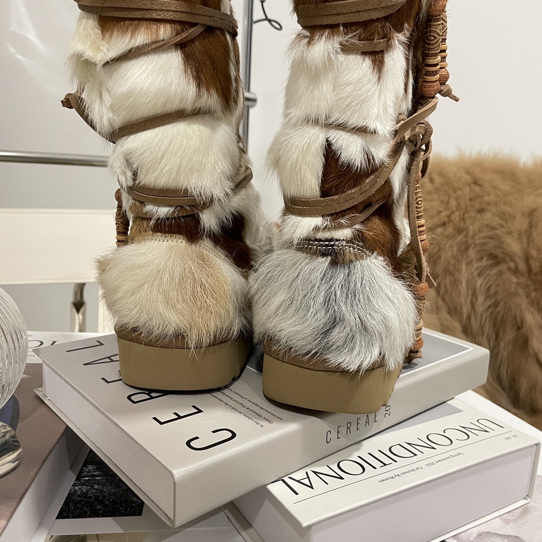 Nieuwste TOP Kwaliteit Luxe Designer Gemengde Kleur Pluche Dikke Zool Knie Hoge Laarzen Dames Etnische Stijl Mode Warme Snowboots Winter Luxe Dikker Bont Laarzen Vrouw