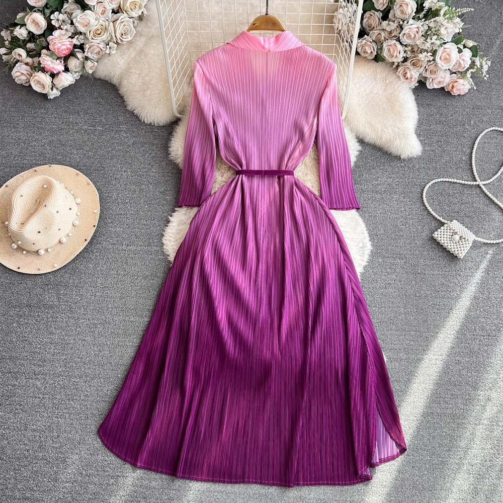 Basic Casual Dresses Pleated Spring Autumn Shirt Dresses New Fashion Women Notched Collar Single Breasted Purple Gradient Split Midi Clothes 2024