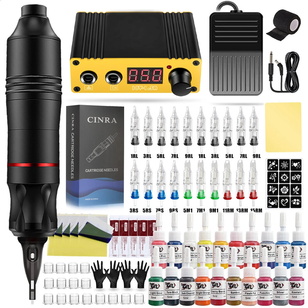 Macchinetta tatuaggi Set macchinetta tatuaggi professionale Kit penna rotativa tatuaggi Alimentatore Ago Inchiostro Interfaccia DC Pistola rotativa tatuaggi Kit trucco completo 231118